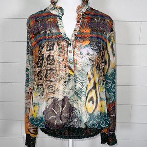 V Cristina Sheer Multicolor Long Sleeve Blouse with Smocking Size M
